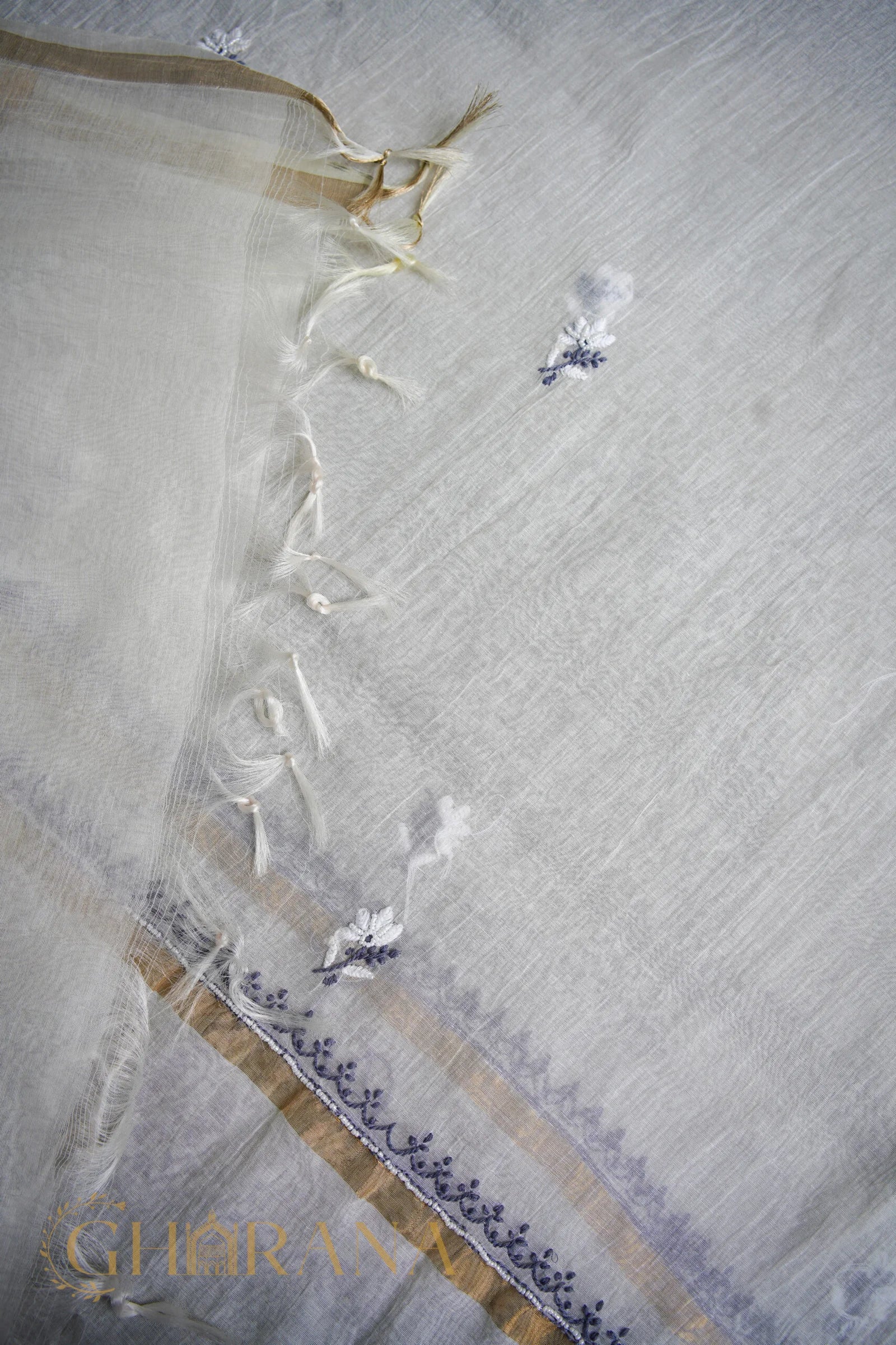 Premium Mul Chanderi Fine Chikankari Unstitched Kurta and Dupatta Set with embellishments – White