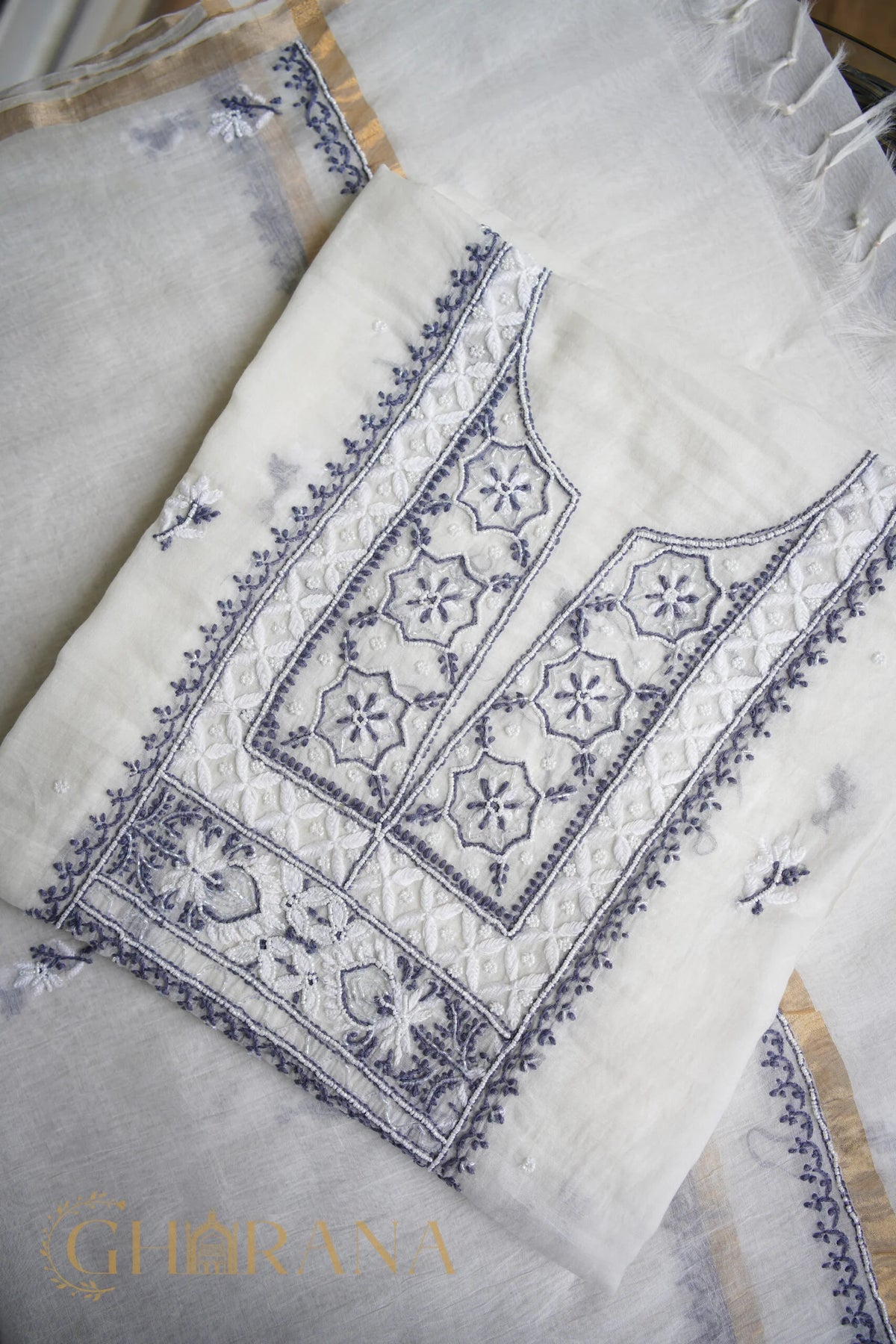 Premium Mul Chanderi Fine Chikankari Unstitched Kurta and Dupatta Set with embellishments – White