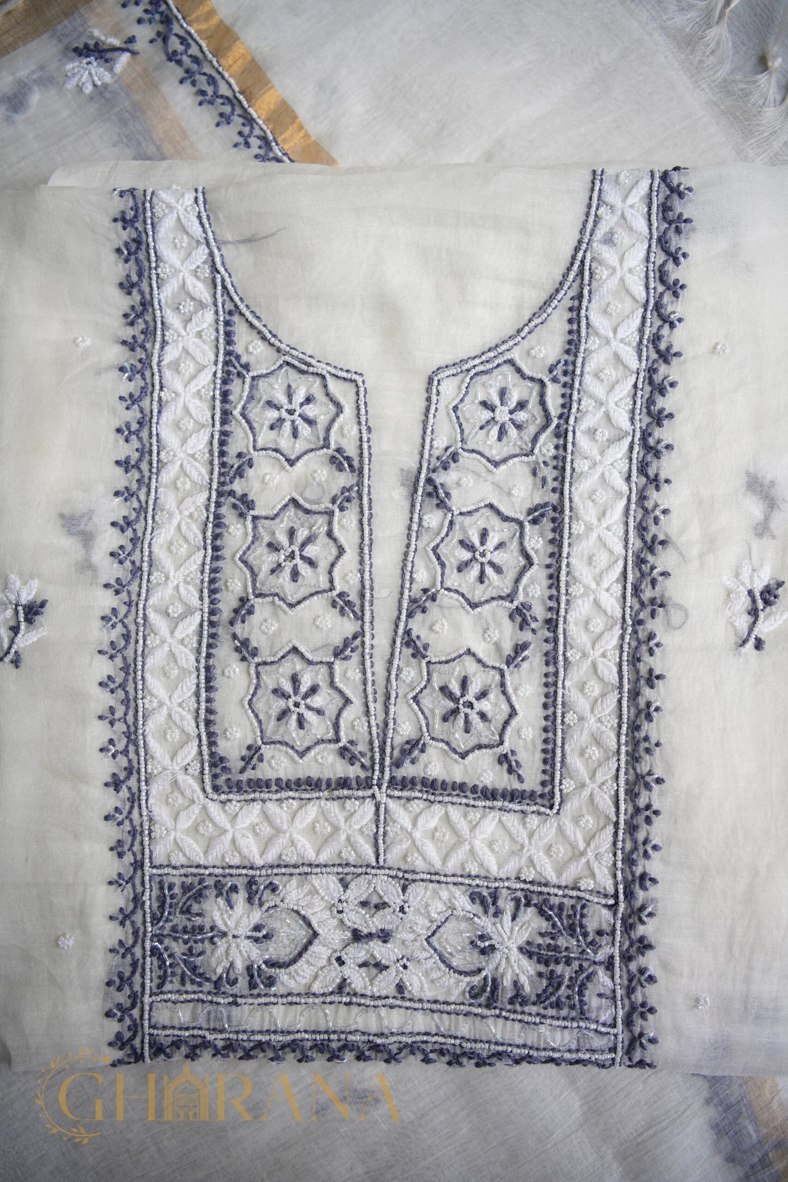Premium Mul Chanderi Fine Chikankari Unstitched Kurta and Dupatta Set with embellishments – White