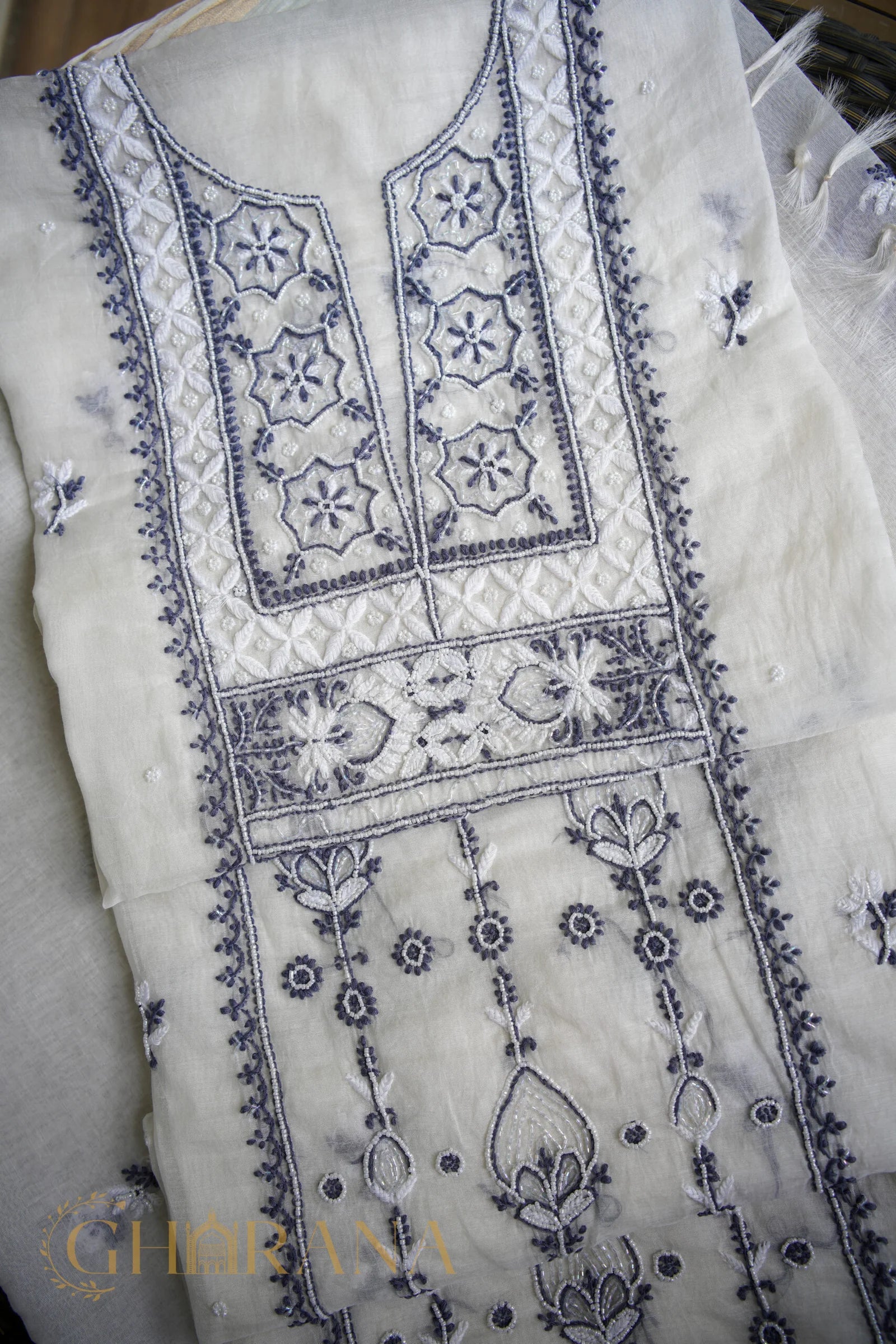 Premium Mul Chanderi Fine Chikankari Unstitched Kurta and Dupatta Set with embellishments – White