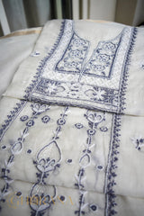 Premium Mul Chanderi Fine Chikankari Unstitched Kurta and Dupatta Set with embellishments – White