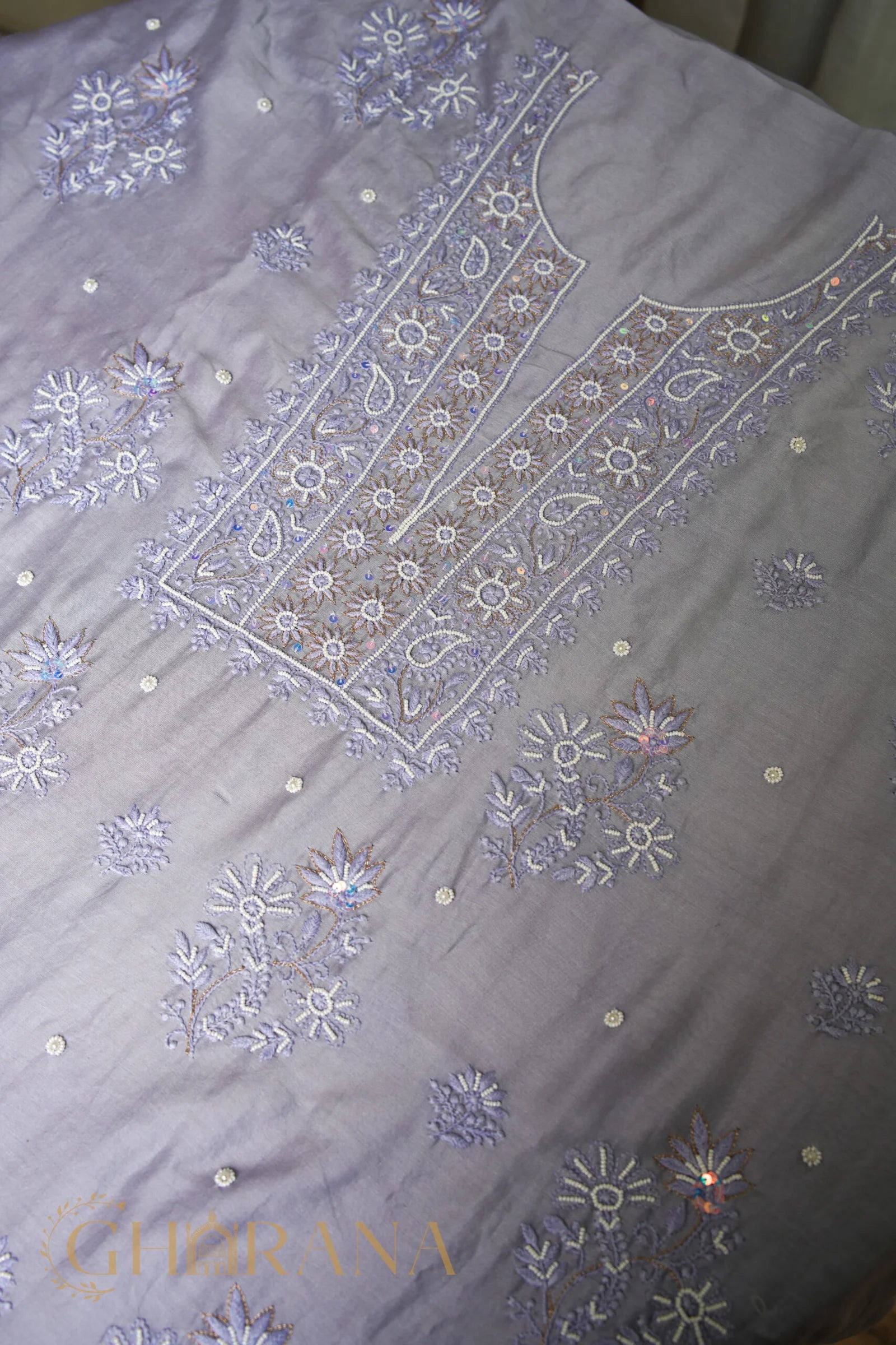Chanderi Silk Fine Chikankari Unstitched Kurta and Dupatta Set with embellishments – Grey