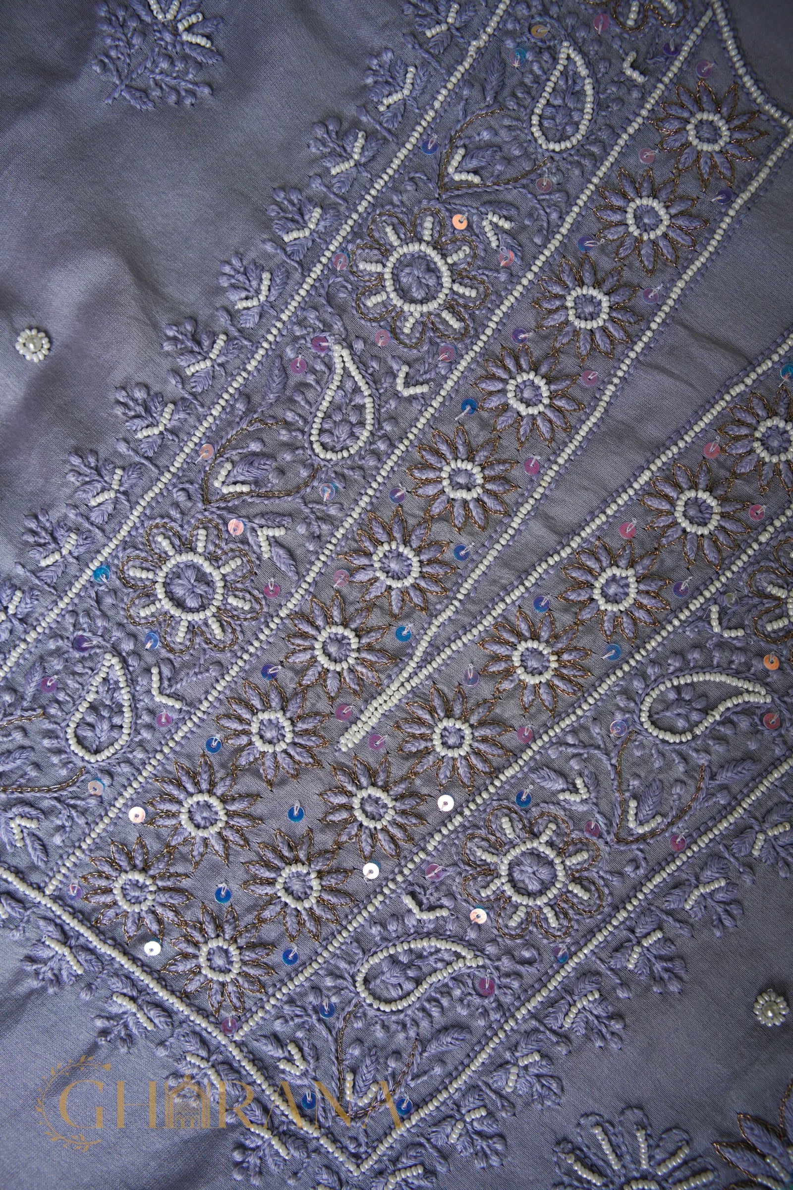 Chanderi Silk Fine Chikankari Unstitched Kurta and Dupatta Set with embellishments – Grey