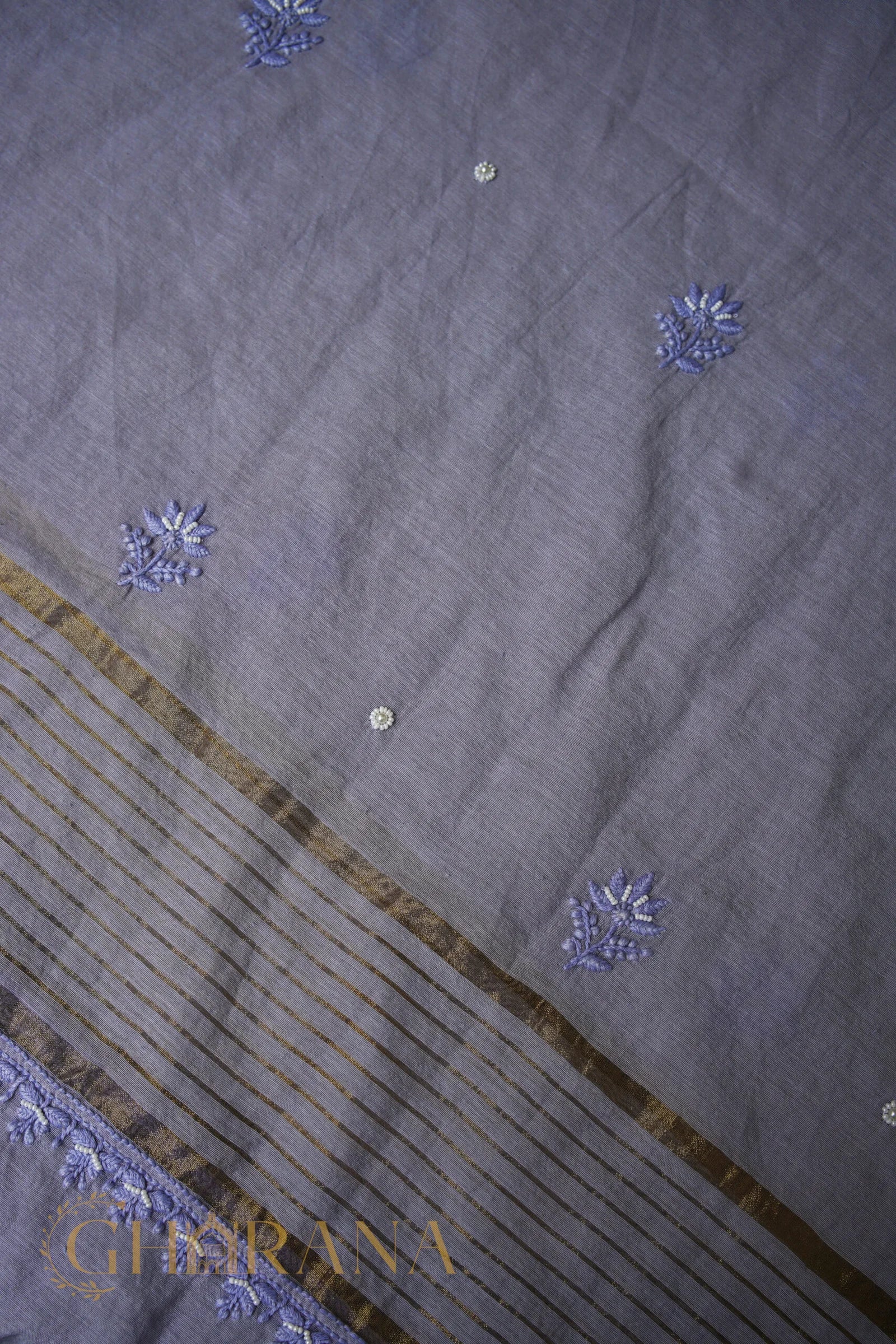 Chanderi Silk Fine Chikankari Unstitched Kurta and Dupatta Set with embellishments – Grey