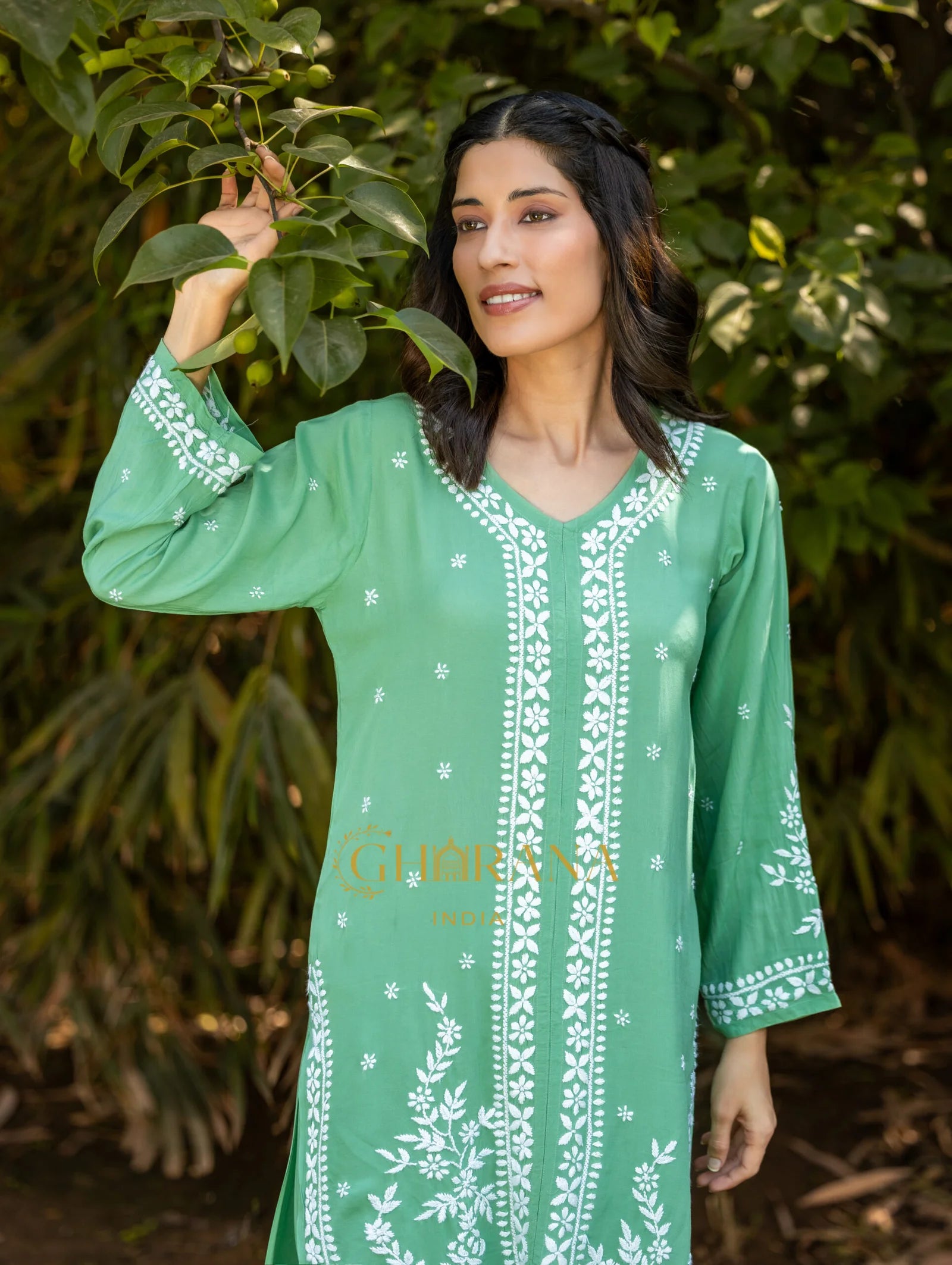 Sahiba Premium Modal Silk 2 PC Green Chikankari Kurta set