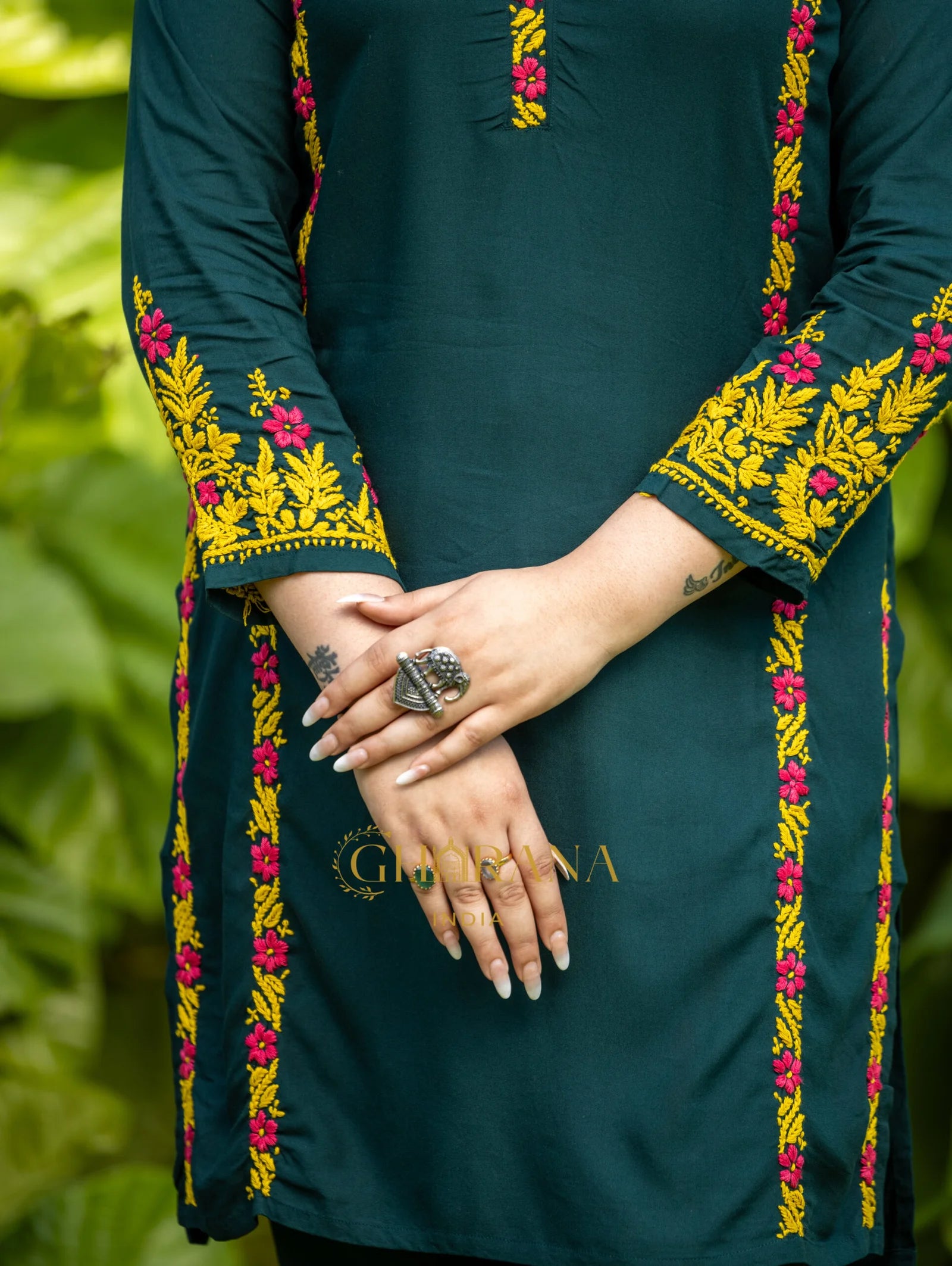 Ishq Rayon 2 PC Bottle Green chikankari Kurta set