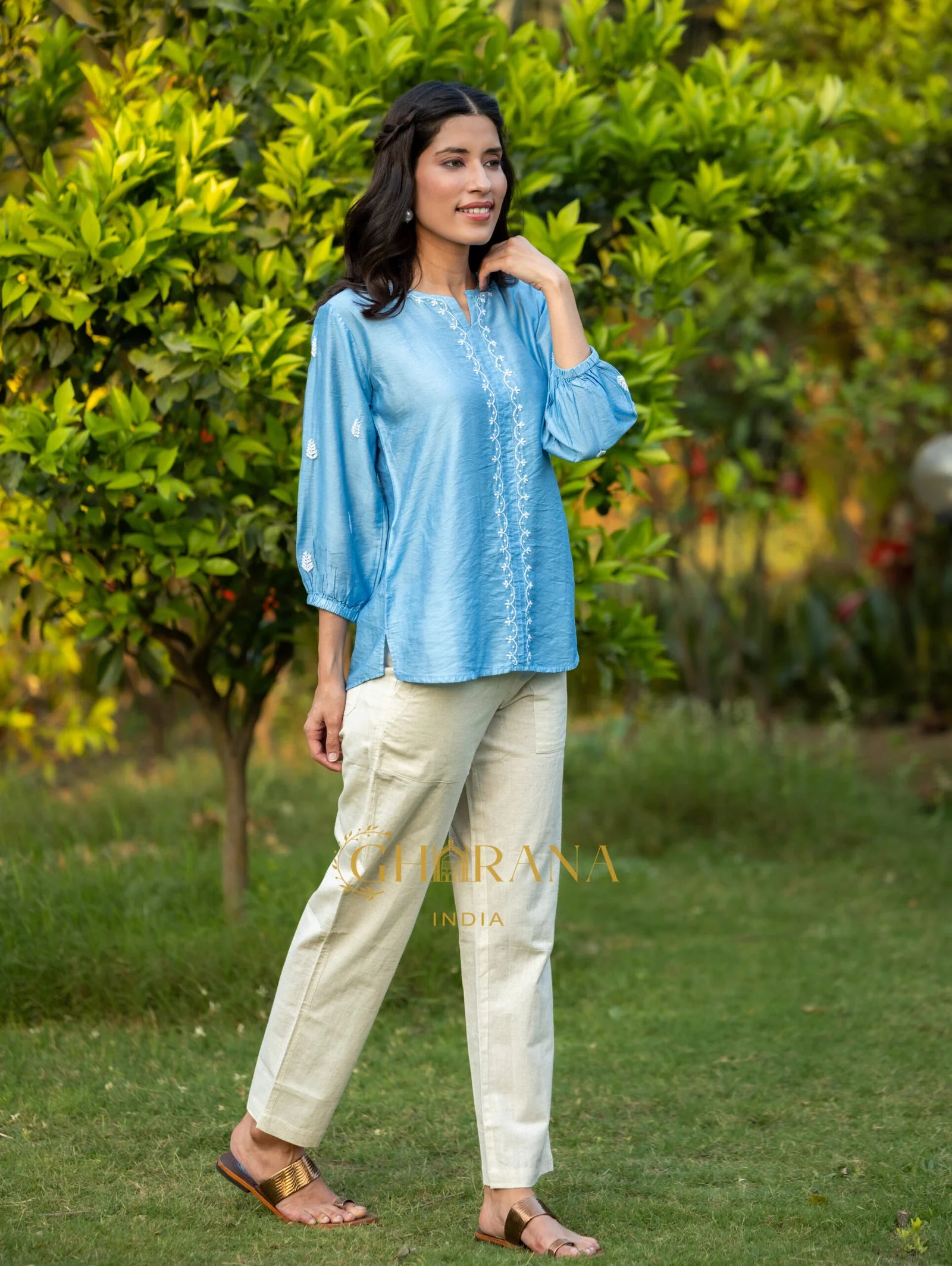 Sahiba Premium Chanderi Silk Bright Blue Chikankari Top