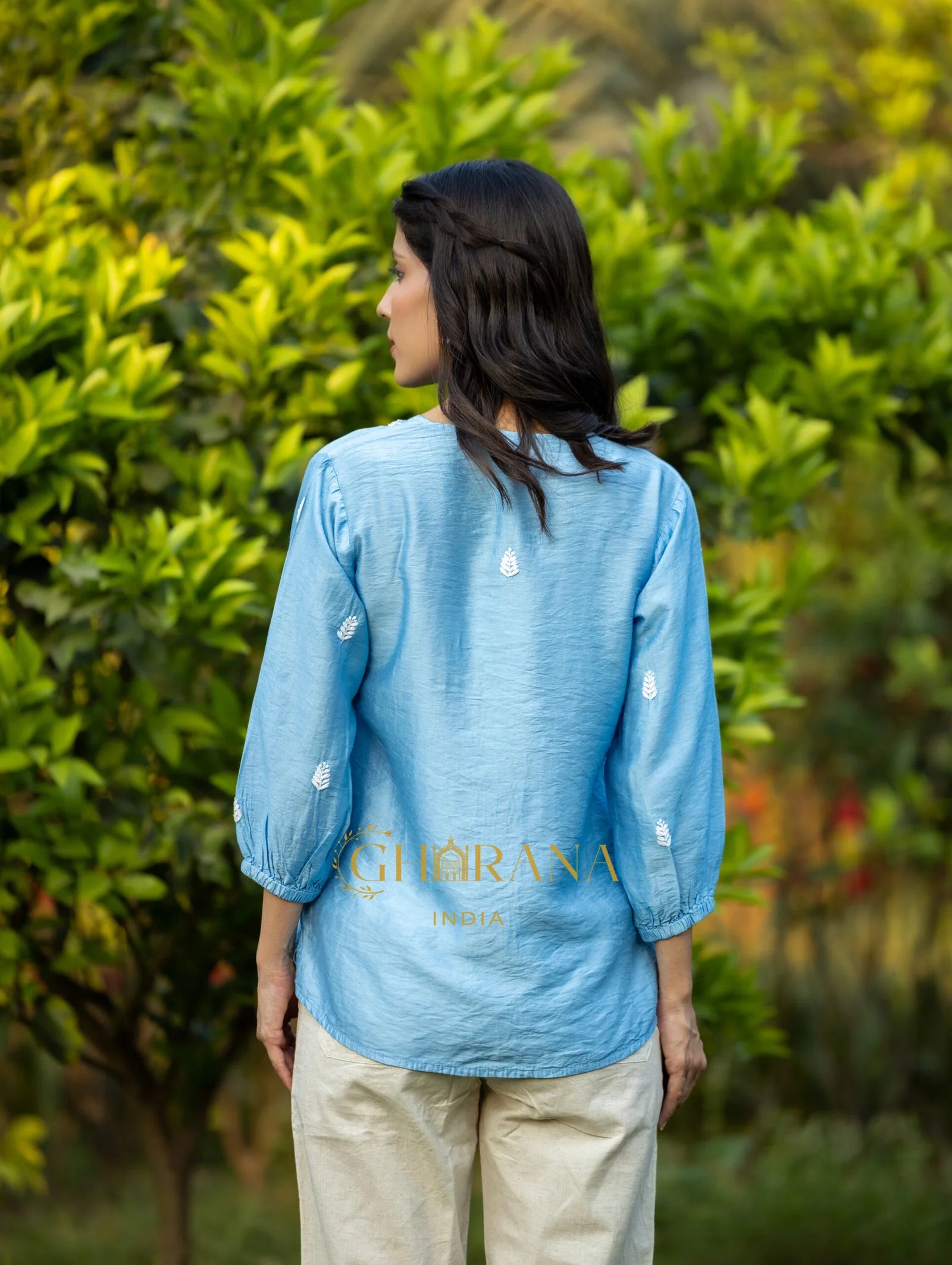 Sahiba Premium Chanderi Silk Bright Blue Chikankari Top