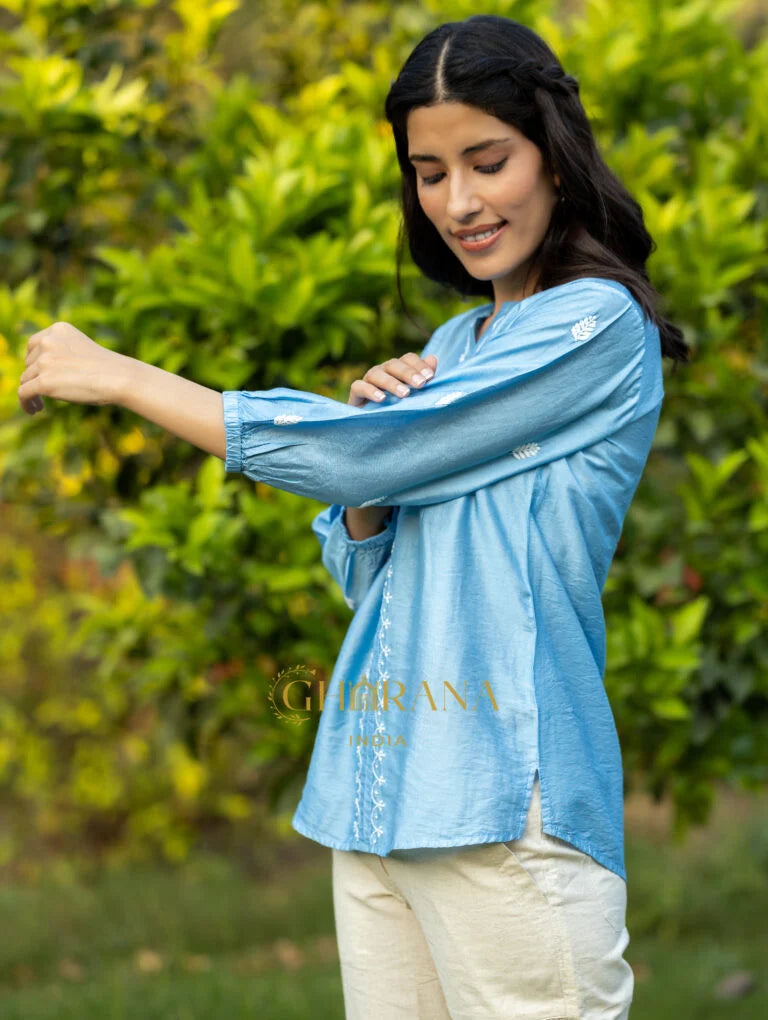 Sahiba Premium Chanderi Silk Bright Blue Chikankari Top