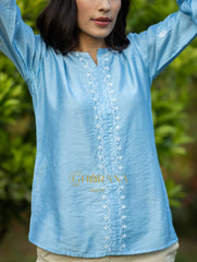 Sahiba Premium Chanderi Silk Bright Blue Chikankari Top