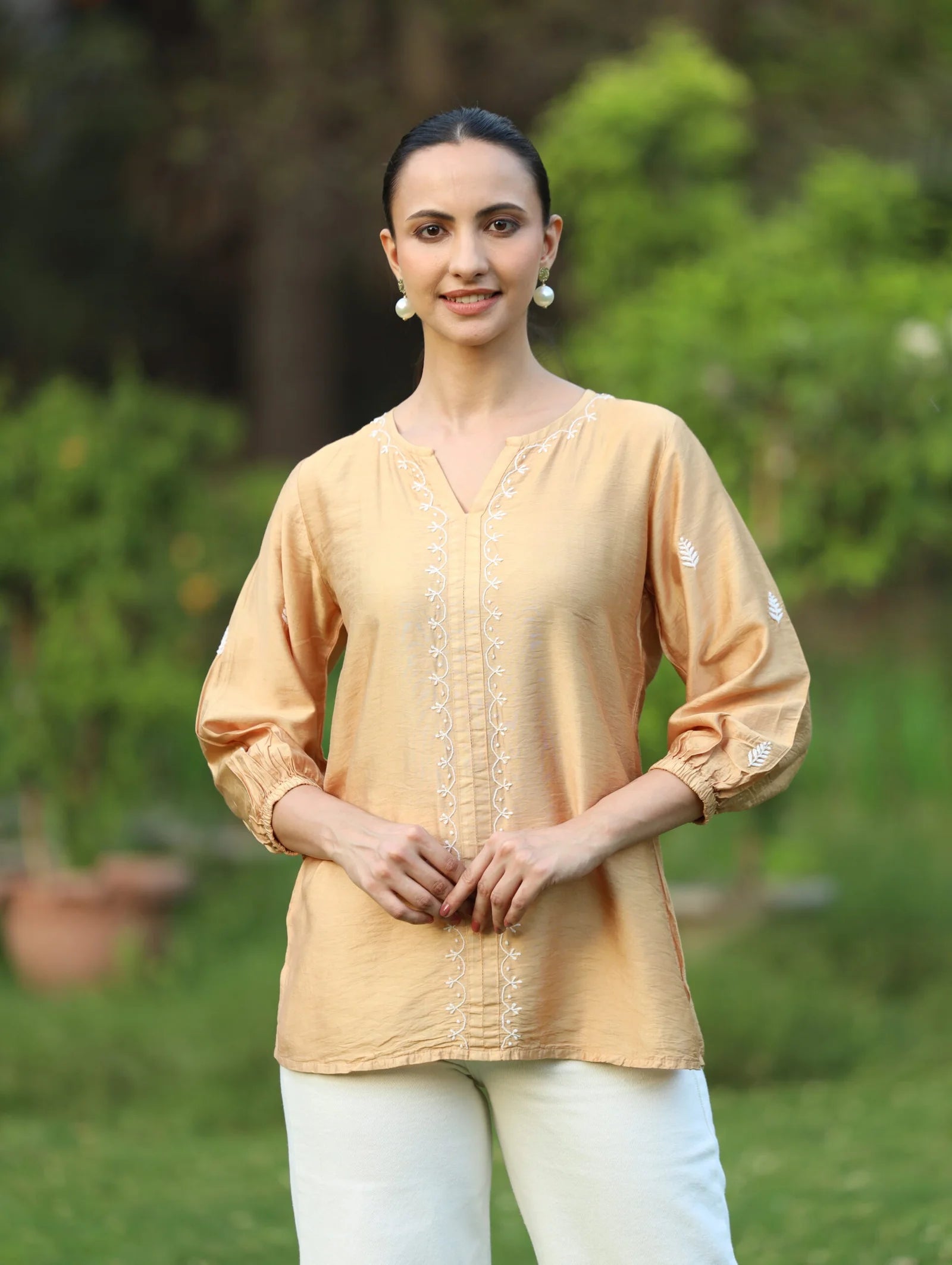 Sahiba Premium Chanderi Silk Golden Beige Chikankari Top