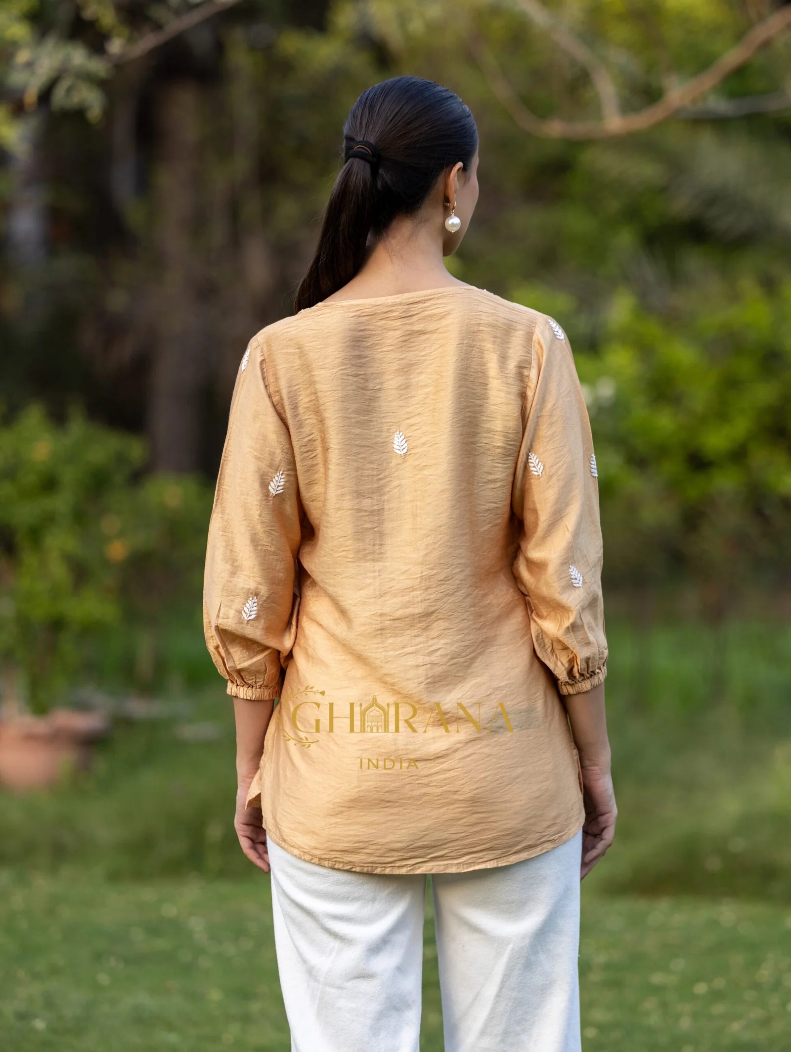 Sahiba Premium Chanderi Silk Golden Beige Chikankari Top