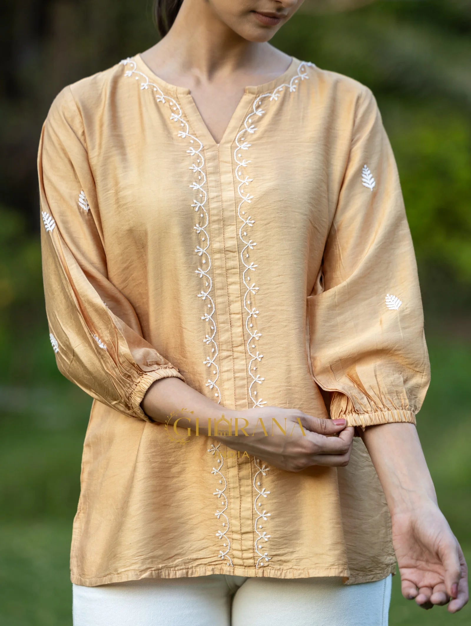 Sahiba Premium Chanderi Silk Golden Beige Chikankari Top