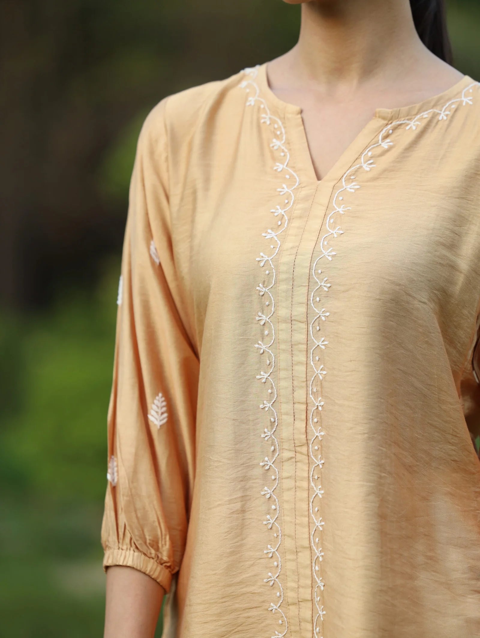 Sahiba Premium Chanderi Silk Golden Beige Chikankari Top