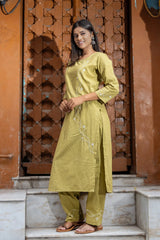 Heer Mul Cotton 2 PC Olive Green chikankari Kurta set