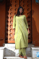 Heer Mul Cotton 2 PC Olive Green chikankari Kurta set
