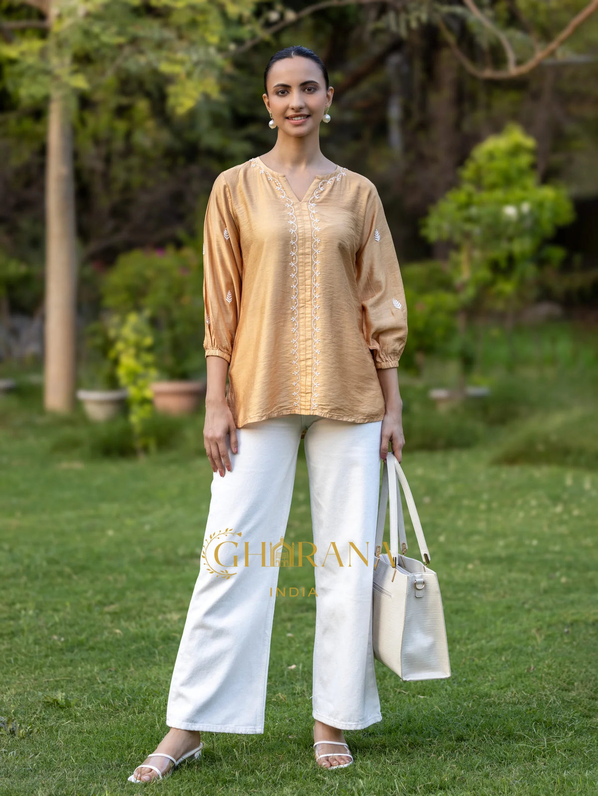 Sahiba Premium Chanderi Silk Golden Beige Chikankari Top
