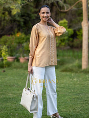 Sahiba Premium Chanderi Silk Golden Beige Chikankari Top