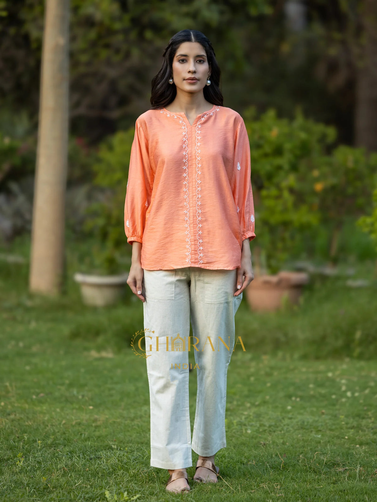 Sahiba Premium Chanderi Silk Blush Orange Chikankari Top