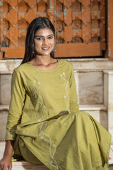 Heer Mul Cotton 2 PC Olive Green chikankari Kurta set