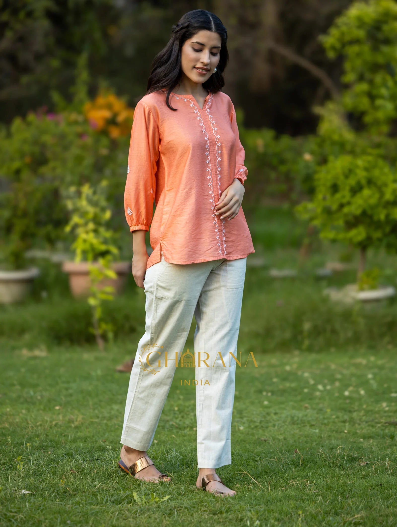 Sahiba Premium Chanderi Silk Blush Orange Chikankari Top