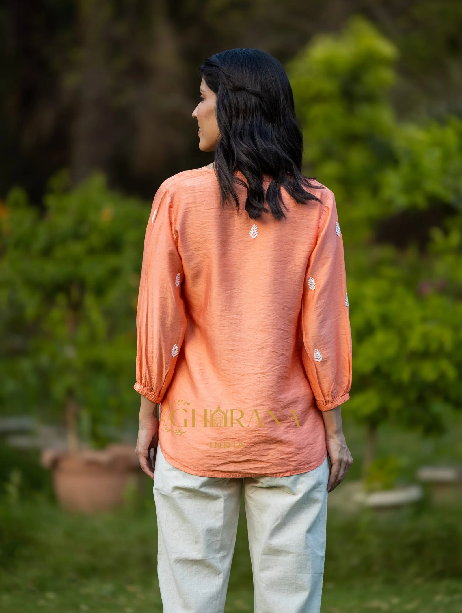 Sahiba Premium Chanderi Silk Blush Orange Chikankari Top