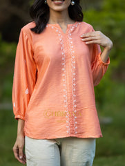 Sahiba Premium Chanderi Silk Blush Orange Chikankari Top