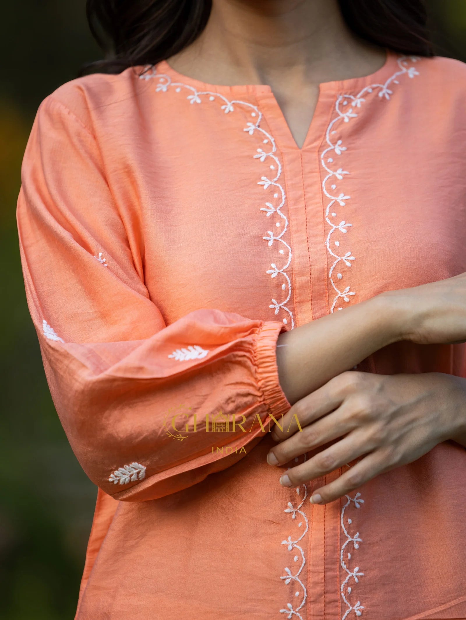 Sahiba Premium Chanderi Silk Blush Orange Chikankari Top