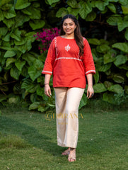Sahiba Pure Cotton Red Chikankari Top