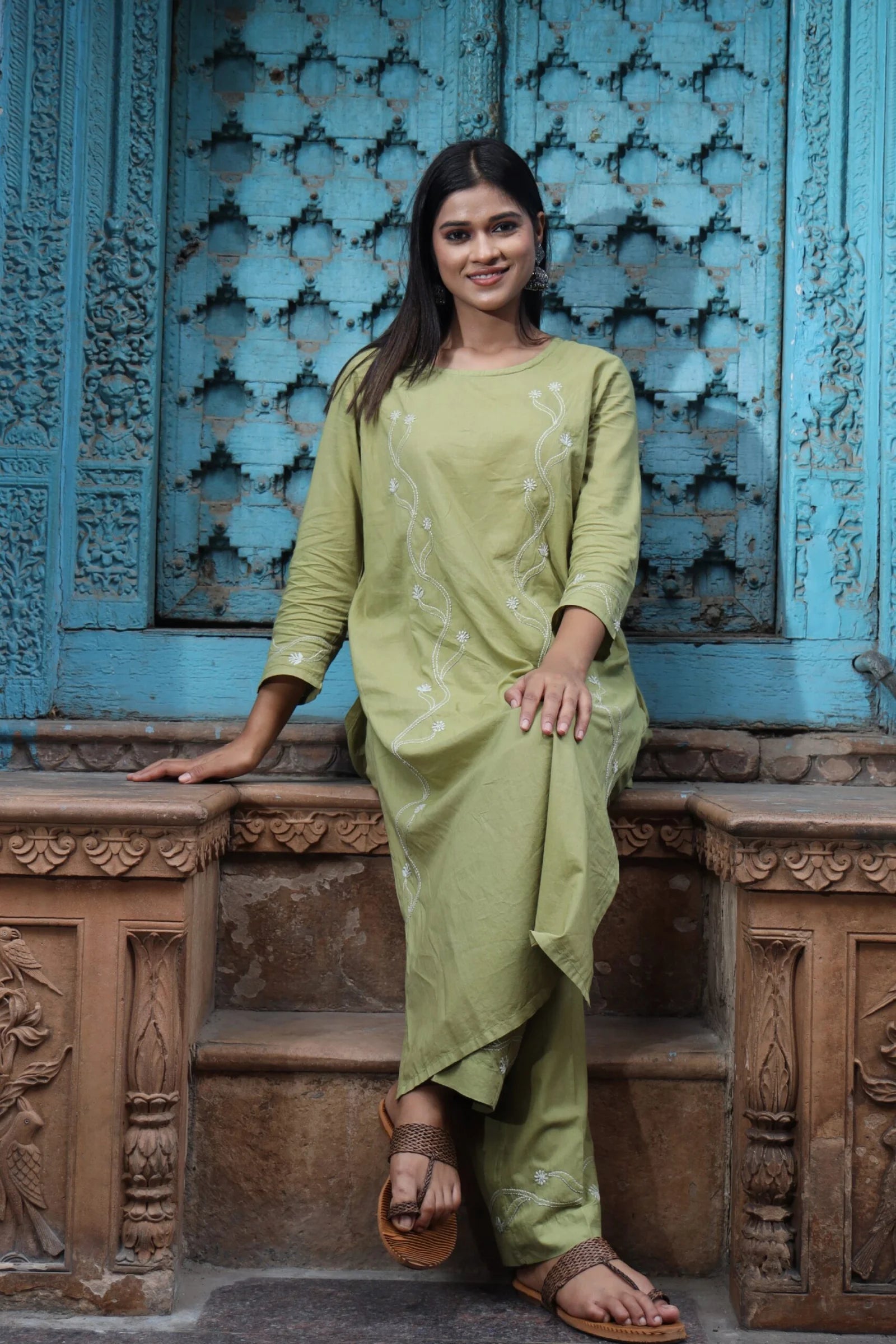 Heer Mul Cotton 2 PC Olive Green chikankari Kurta set