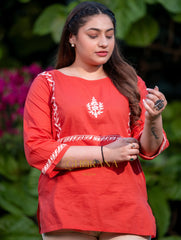 Sahiba Pure Cotton Red Chikankari Top