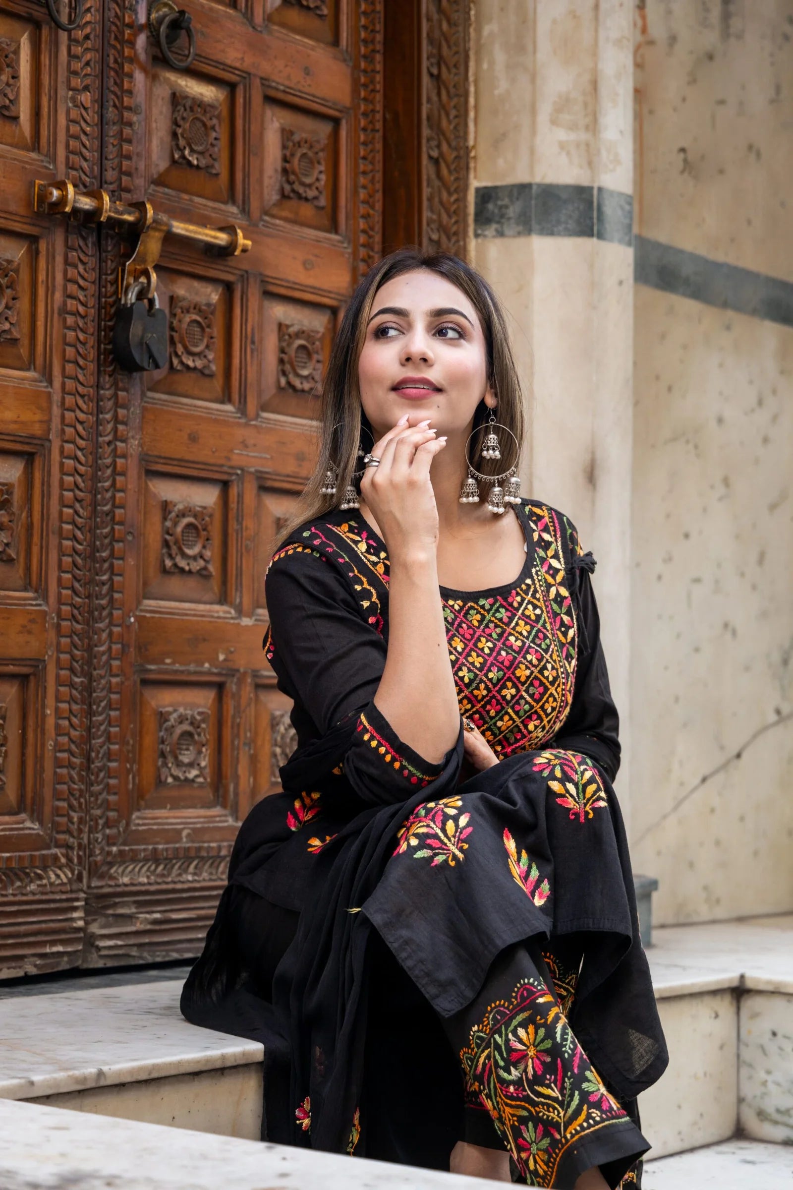 Heer Cotton 3 PC Black Chikankari Kurta set with embroidered Pant and Dupatta