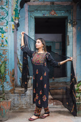 Heer Cotton 3 PC Black Chikankari Kurta set with embroidered Pant and Dupatta