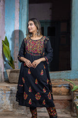 Heer Cotton 3 PC Black Chikankari Kurta set with embroidered Pant and Dupatta