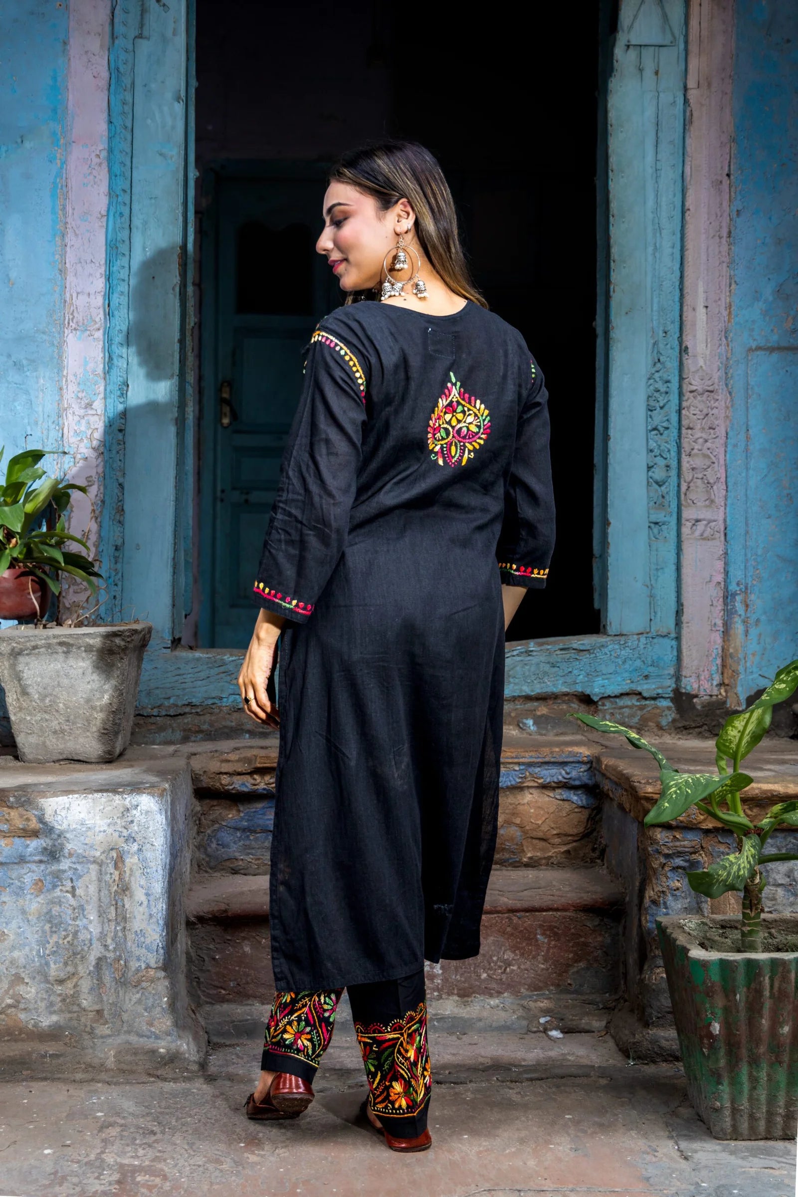 Heer Cotton 3 PC Black Chikankari Kurta set with embroidered Pant and Dupatta