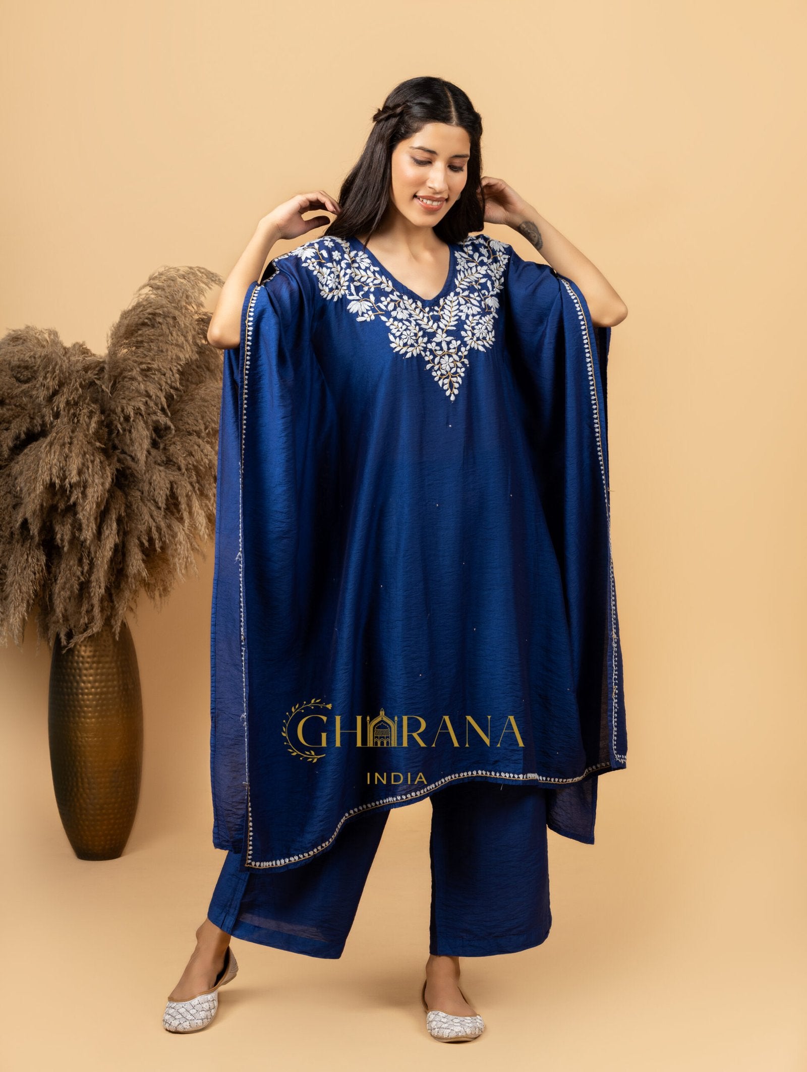 Premium Chanderi Silk Midnight Blue Chikankari Kaftan Set with Kamdani Work