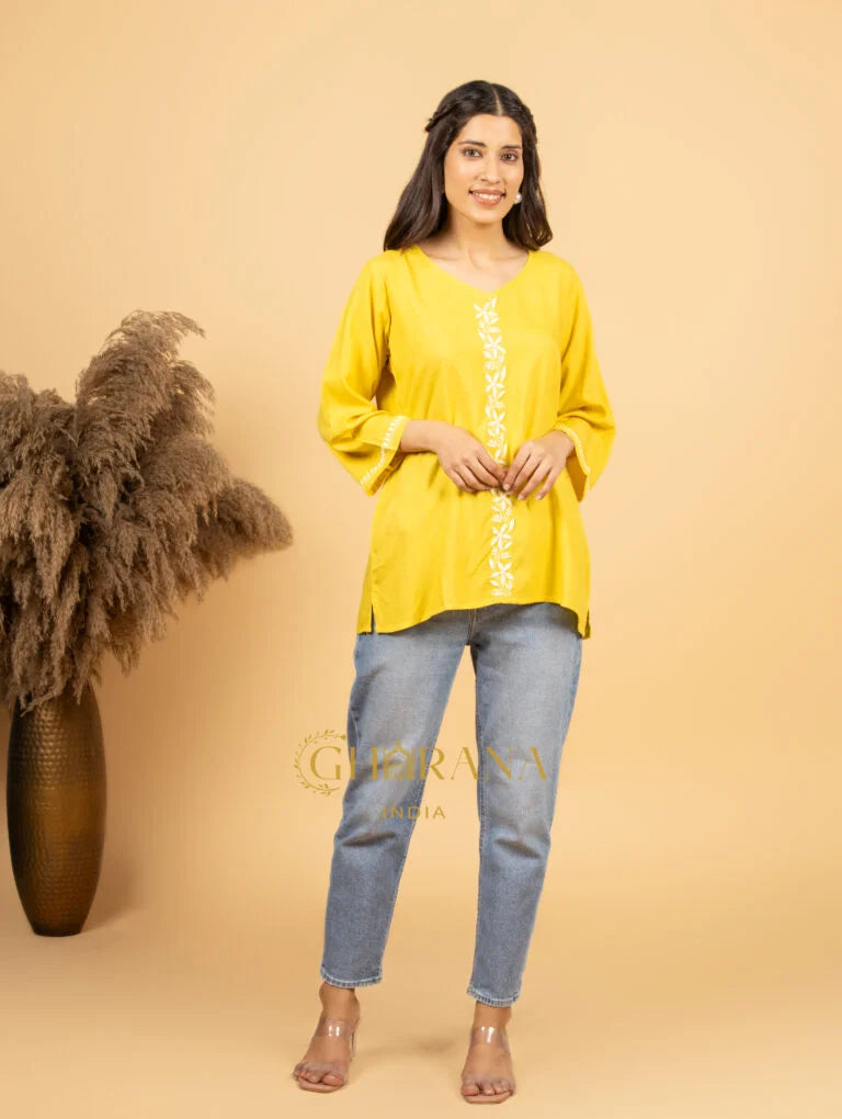 Sahiba Luxury Rayon Yellow Chikankari Top