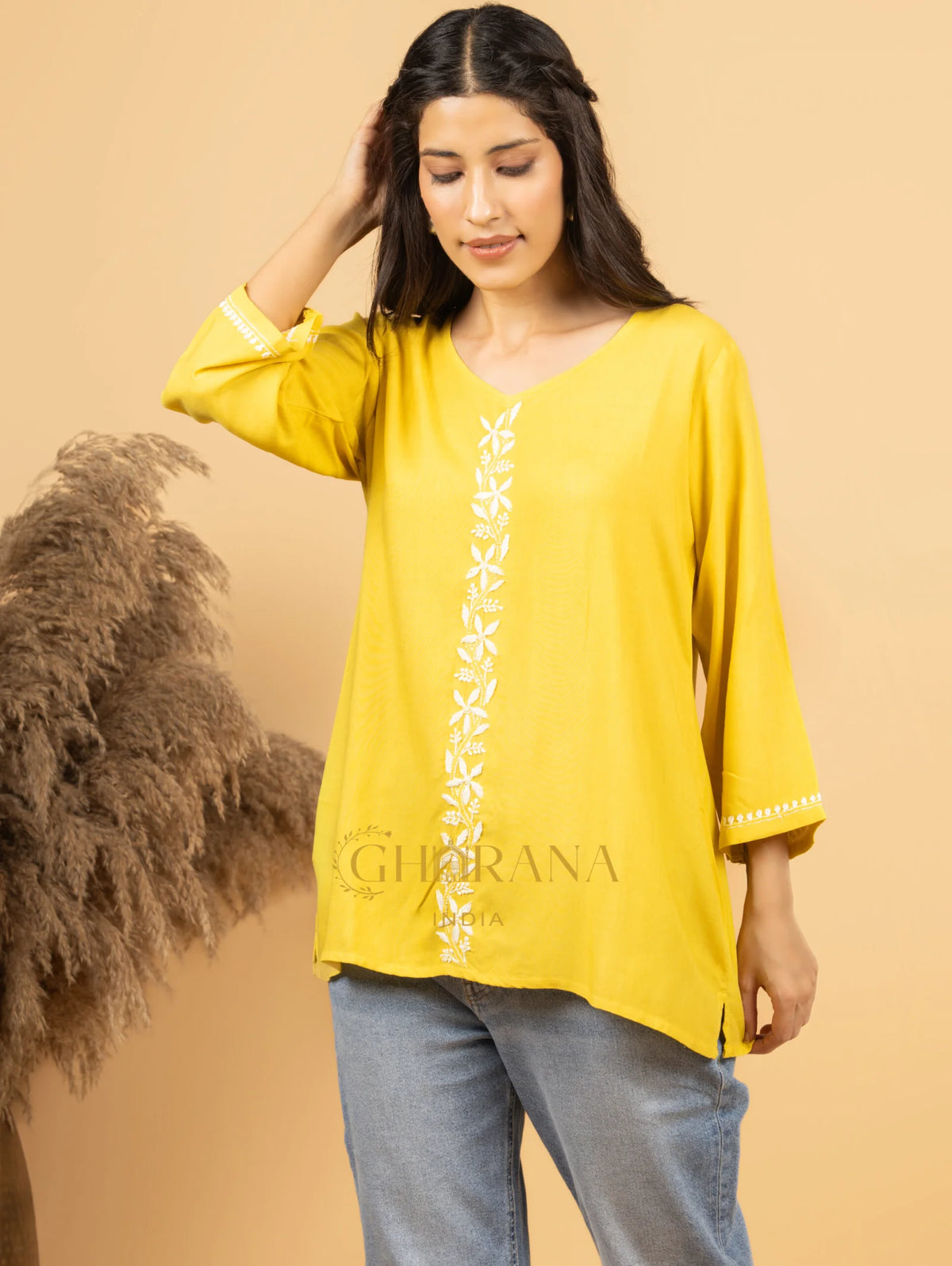 Sahiba Luxury Rayon Yellow Chikankari Top