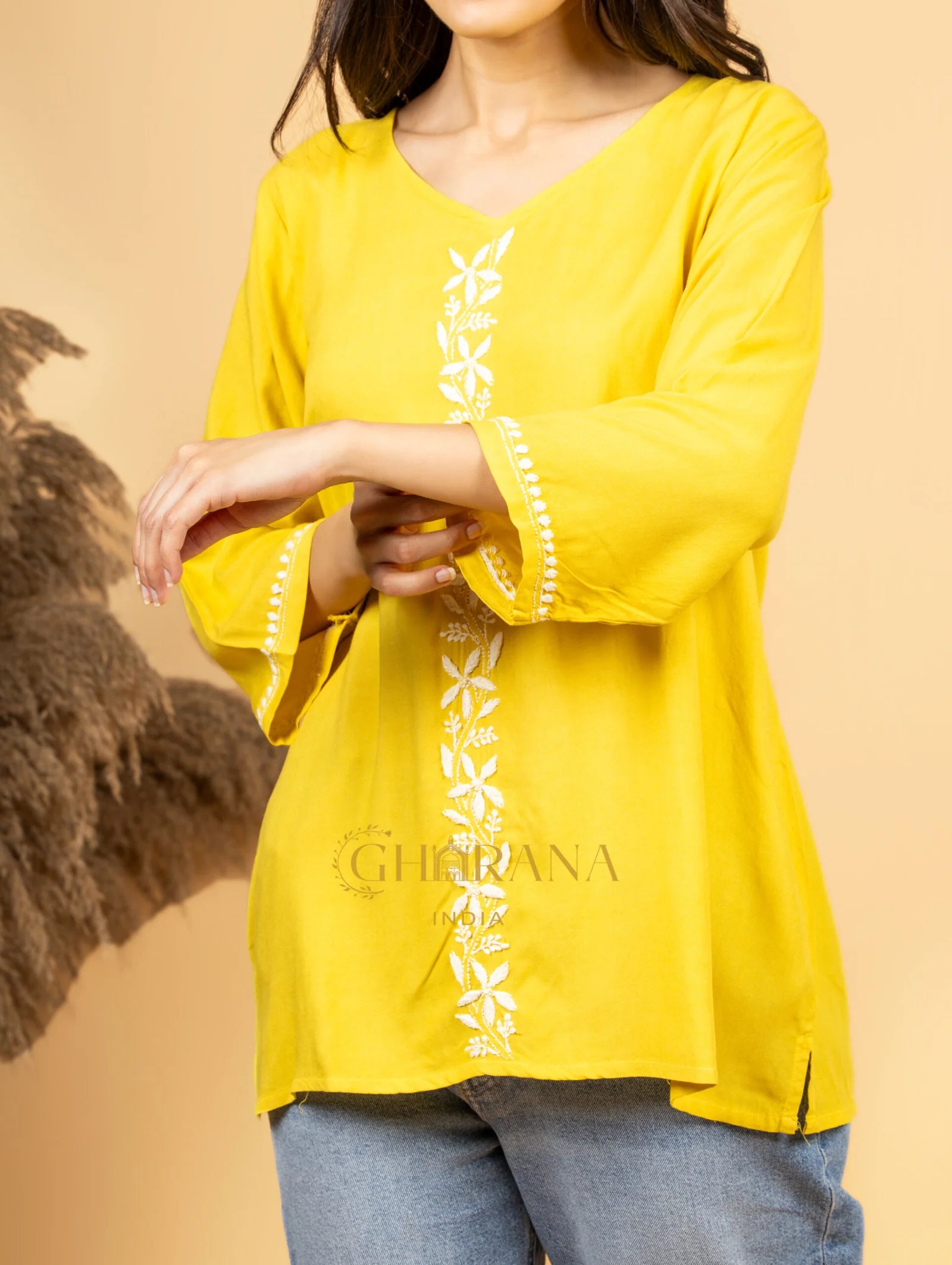 Sahiba Luxury Rayon Yellow Chikankari Top