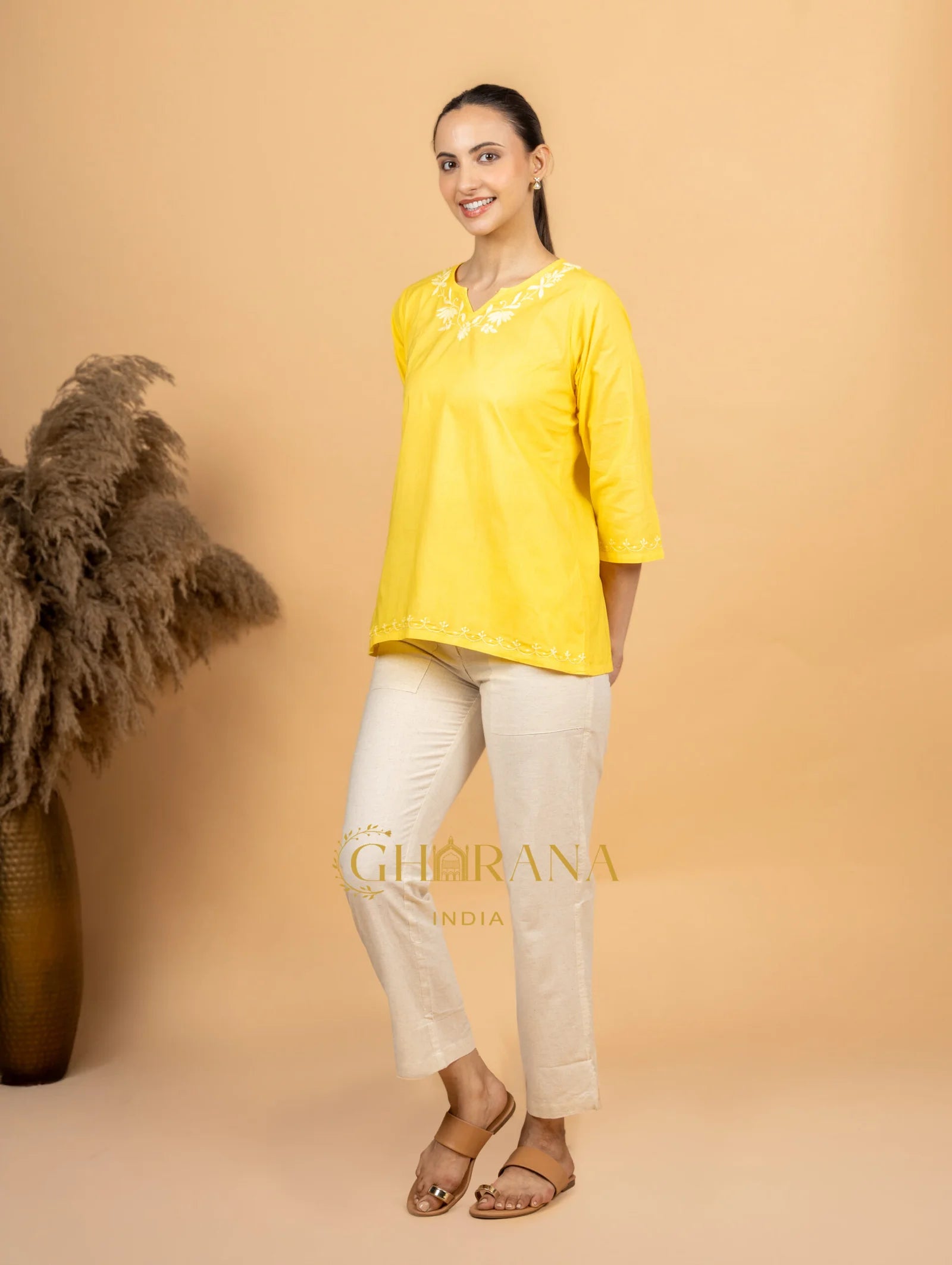 Sahiba Pure Cotton Yellow Chikankari Short Top