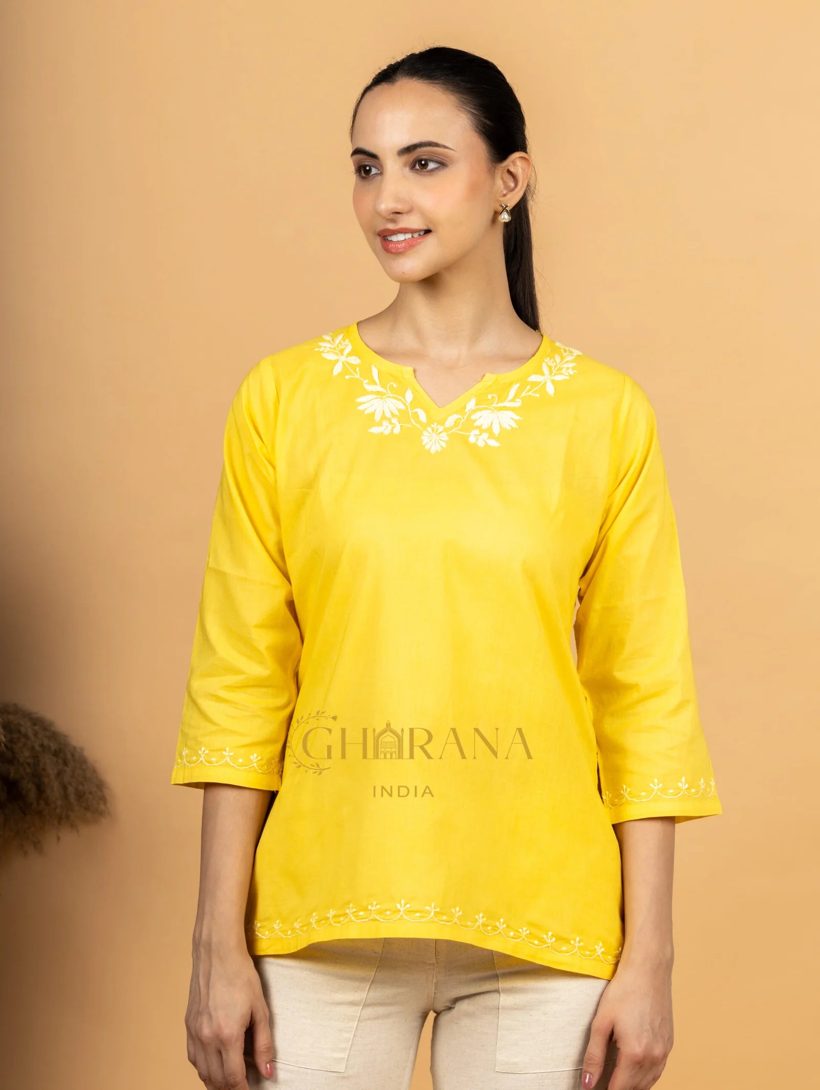 Sahiba Pure Cotton Yellow Chikankari Short Top
