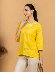 Sahiba Pure Cotton Yellow Chikankari Short Top