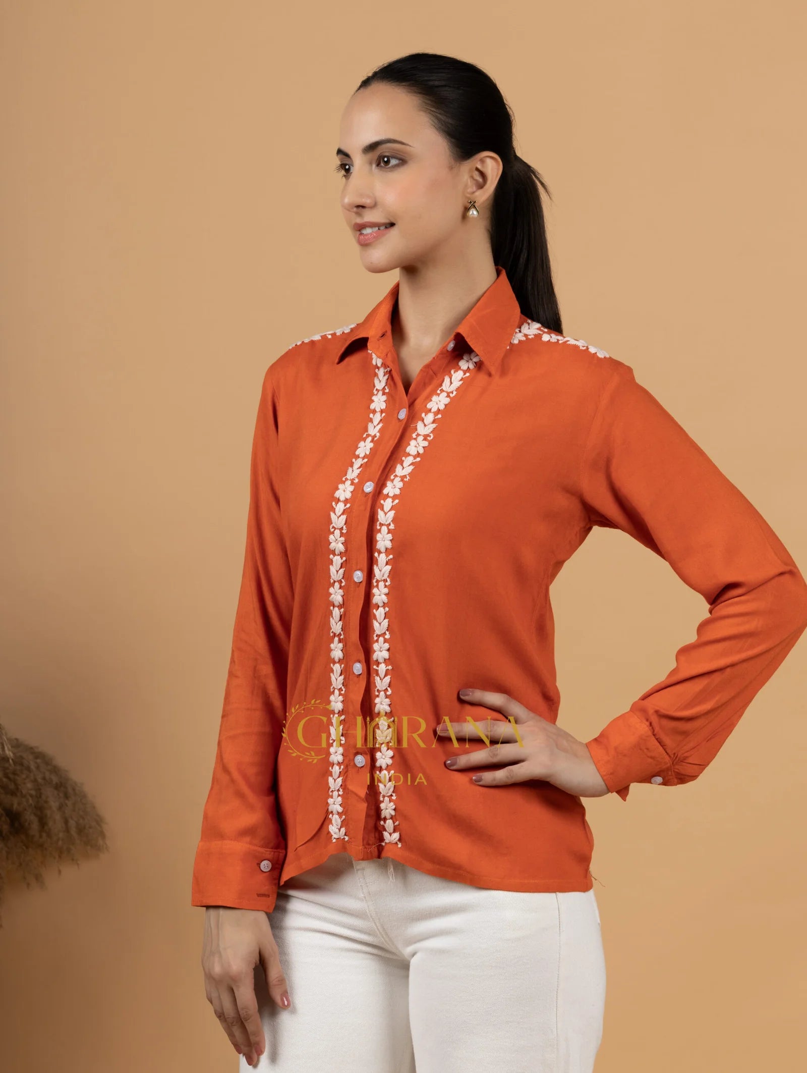 Sahiba Luxury Rayon Burnt Orange Chikankari Shirt Top