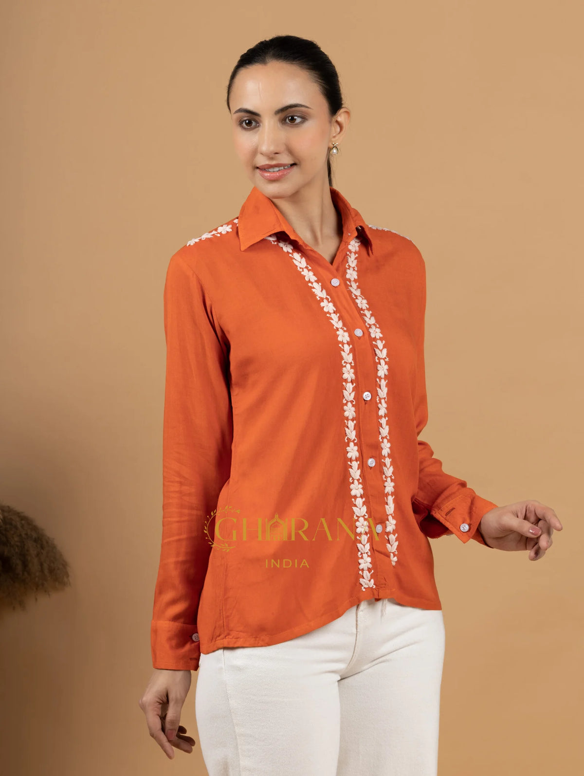 Sahiba Luxury Rayon Burnt Orange Chikankari Shirt Top