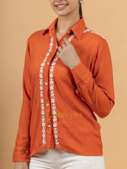 Sahiba Luxury Rayon Burnt Orange Chikankari Shirt Top