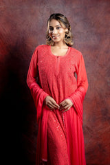 Ishq Georgette 4PC Chikankari Kurta set in Resham Jaal and Mukaish work-Pink