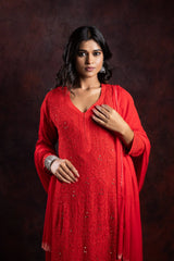 Ishq Georgette 4PC Chikankari Kurta Set with Resham Jaal and Mukaish work – Red