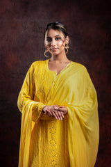 Ishq Georgette 4PC Chikankari Kurta Set in Resham Jaal and Mukaish work-Yellow