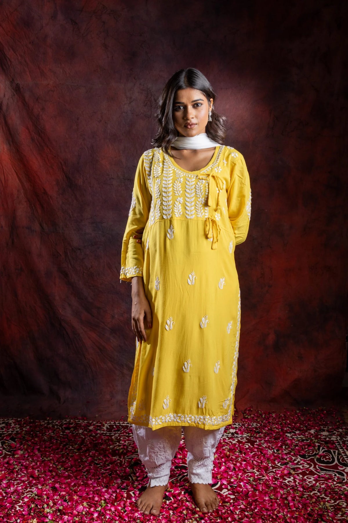 Ishq Rayon Yellow Angrakha Style Chikankari kurta