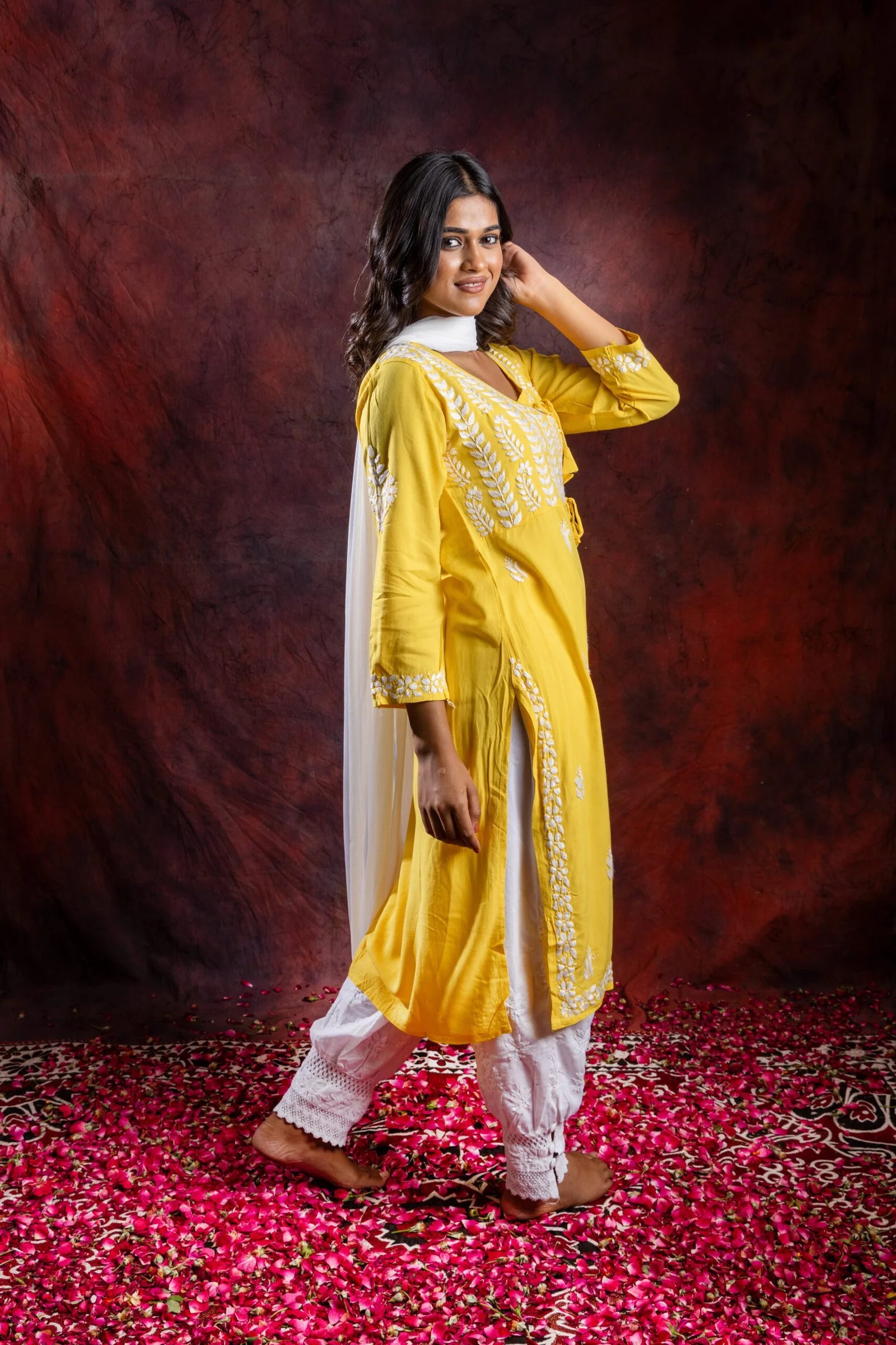 Ishq Rayon Yellow Angrakha Style Chikankari kurta